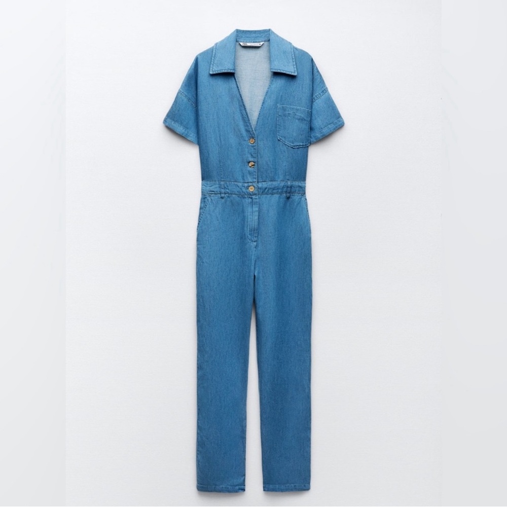 Zara Z1975 Long Denim Blue Jumpsuit - Picture 4 of 7
